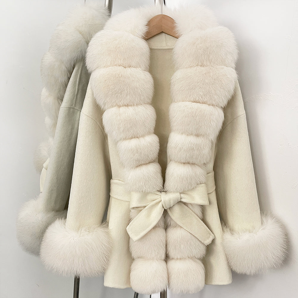 OFTBUY Big Natural Fox Fur Pinnacle 100% Wool Coat Female New Autumn Winter Clothes Women Belt Natural Fur Collar Woolen Jacket