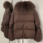 OFTBUY New Winter Loose Top Clothes Women Real Fox Fur Fluffy Puffer Jacket Female Lantern Sleeves Natural Fur Collar Down Coat