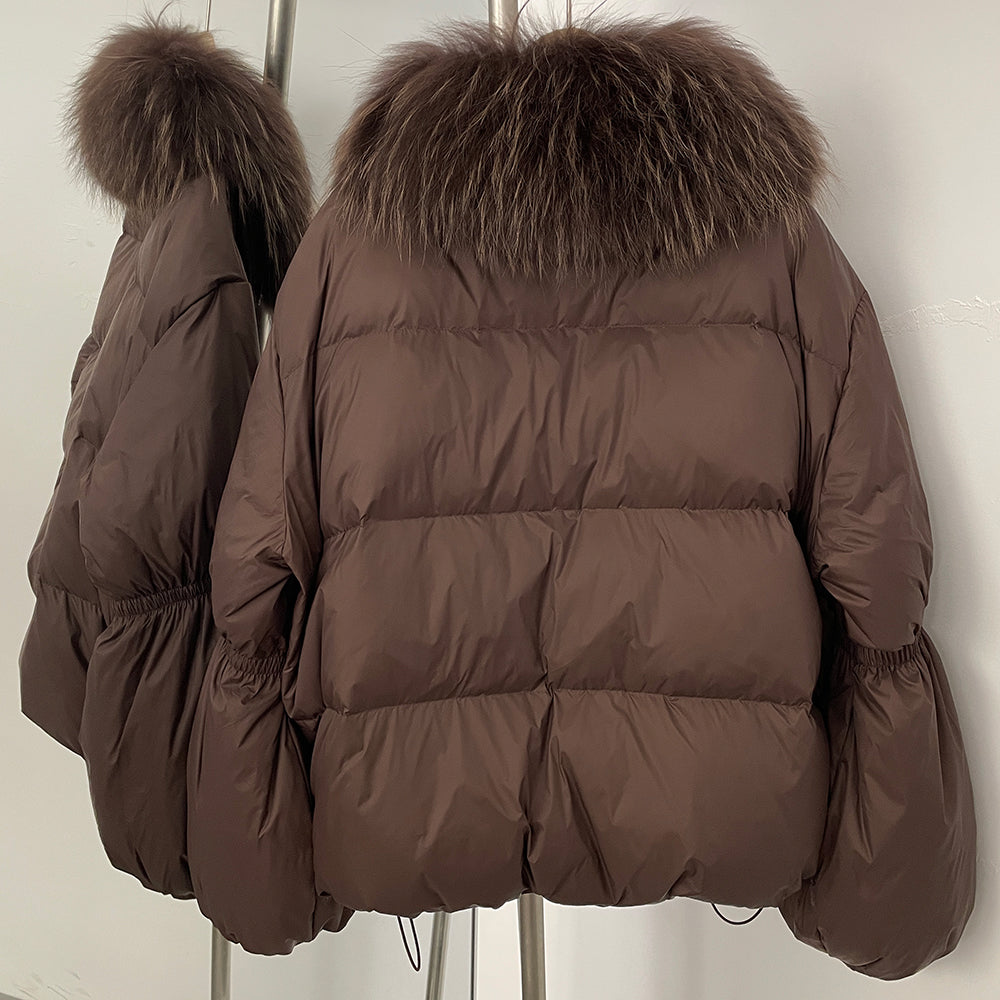 OFTBUY New Winter Loose Top Clothes Women Real Fox Fur Fluffy Puffer Jacket Female Lantern Sleeves Natural Fur Collar Down Coat
