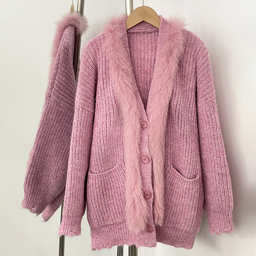 OFTBUY New Spring Autumn Knitting Clothes Women Knitted Long Sleeves Sweater Coat Female Fashion Real Fox Fur Cardigan Jacket