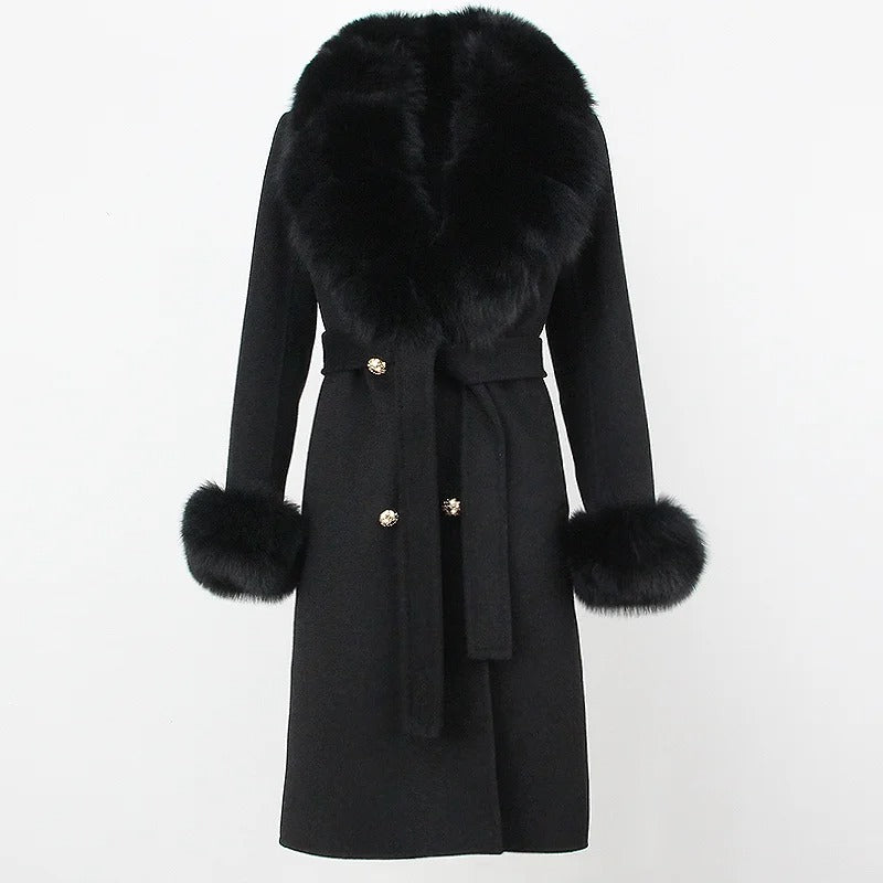 OFTBUY Winter Jacket Women Long Natural Wool Blends Cashmere Real Fur Coat Double Breasted Belt Warm Streetwear New Fashion