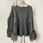 OFTBUY New Women's Knit Sweater with Real Fox Fur Accents V-Neck Loose Fit Warm Winter Fashion Warm Pullover Outerwear Jacket