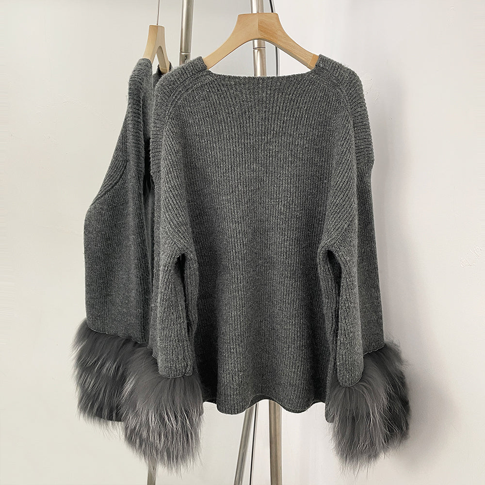 OFTBUY New Women's Knit Sweater with Real Fox Fur Accents V-Neck Loose Fit Warm Winter Fashion Warm Pullover Outerwear Jacket