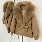 OFTBUY Winter Warm Women Real duck Down Jackets Natural Real Fox Fur Collar Puffer Jackets Belt Female Outwear Coats Hot Sale