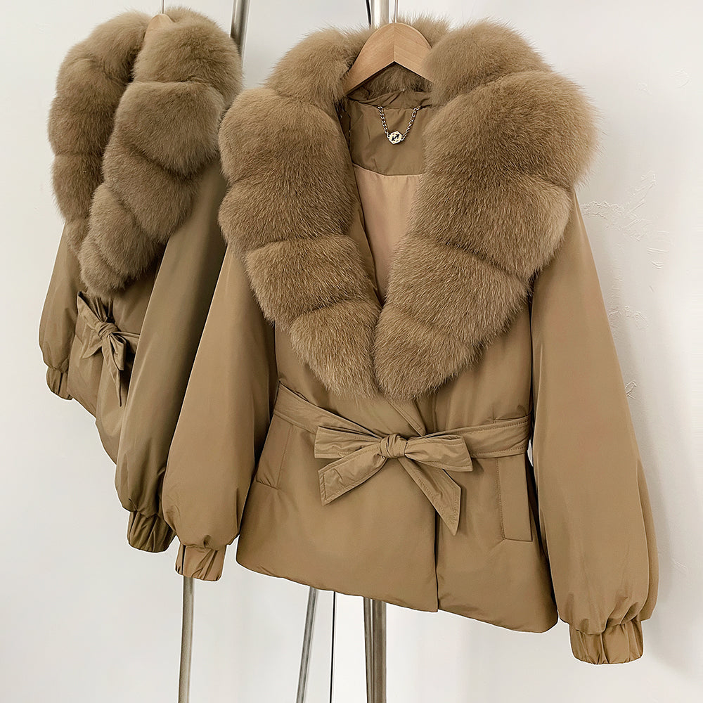 OFTBUY Winter Warm Women Real duck Down Jackets Natural Real Fox Fur Collar Puffer Jackets Belt Female Outwear Coats Hot Sale