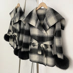OFTBUY New Women's Double Face Wool Coat Plaid Pattern Real Fox Fur Cuffs Wide Collar Belted Waist Warm Winter Elegant Outerwear