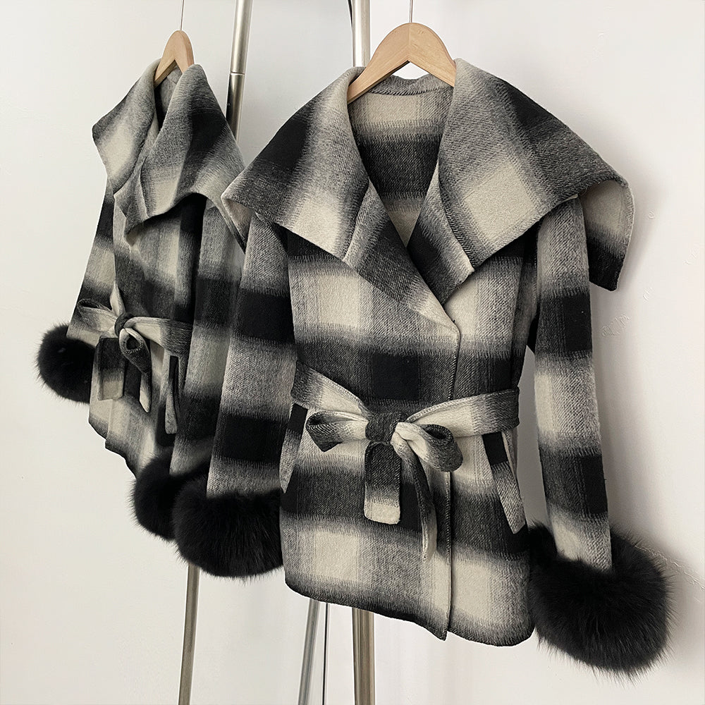 OFTBUY New Women's Double Face Wool Coat Plaid Pattern Real Fox Fur Cuffs Wide Collar Belted Waist Warm Winter Elegant Outerwear
