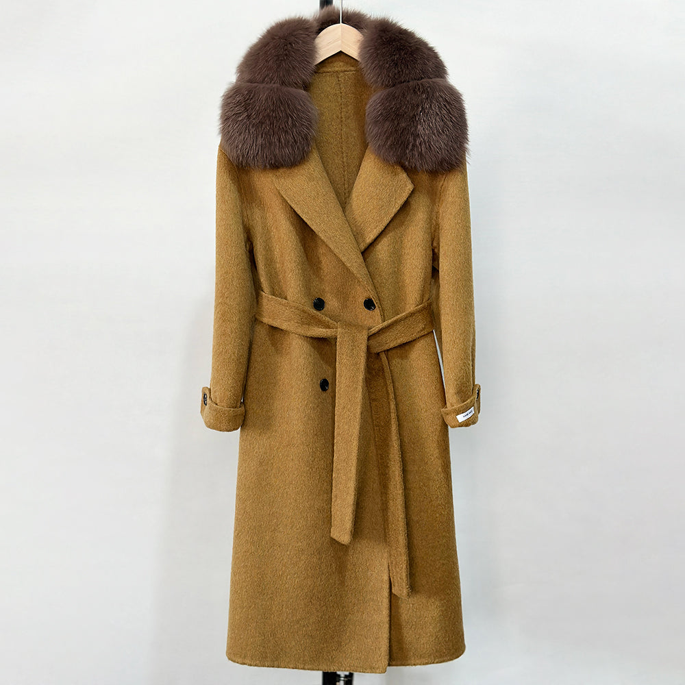 OFTBUY Natural Real Fox Fur Collar Women New Autumn Winter Loose Cashmere Wool Blends Coat Long Woolen Jacket Outerwear