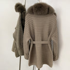 OFTBUY New Women's Knit Coat with Large Real Fox Fur Collar Belted Waist Striped Texture Pockets Winter Luxury Elegant Outerwear
