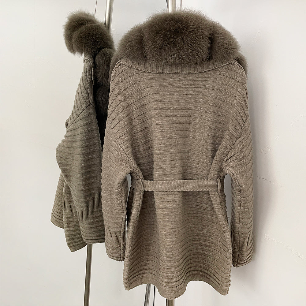 OFTBUY New Women's Knit Coat with Large Real Fox Fur Collar Belted Waist Striped Texture Pockets Winter Luxury Elegant Outerwear