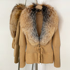 OFTBUY Luxury 100% Cotton Jacket with Real Fox Fur Collar New Autumn Winter Knit Cardigan Women Slim Warm Sweater Outerwear Lady