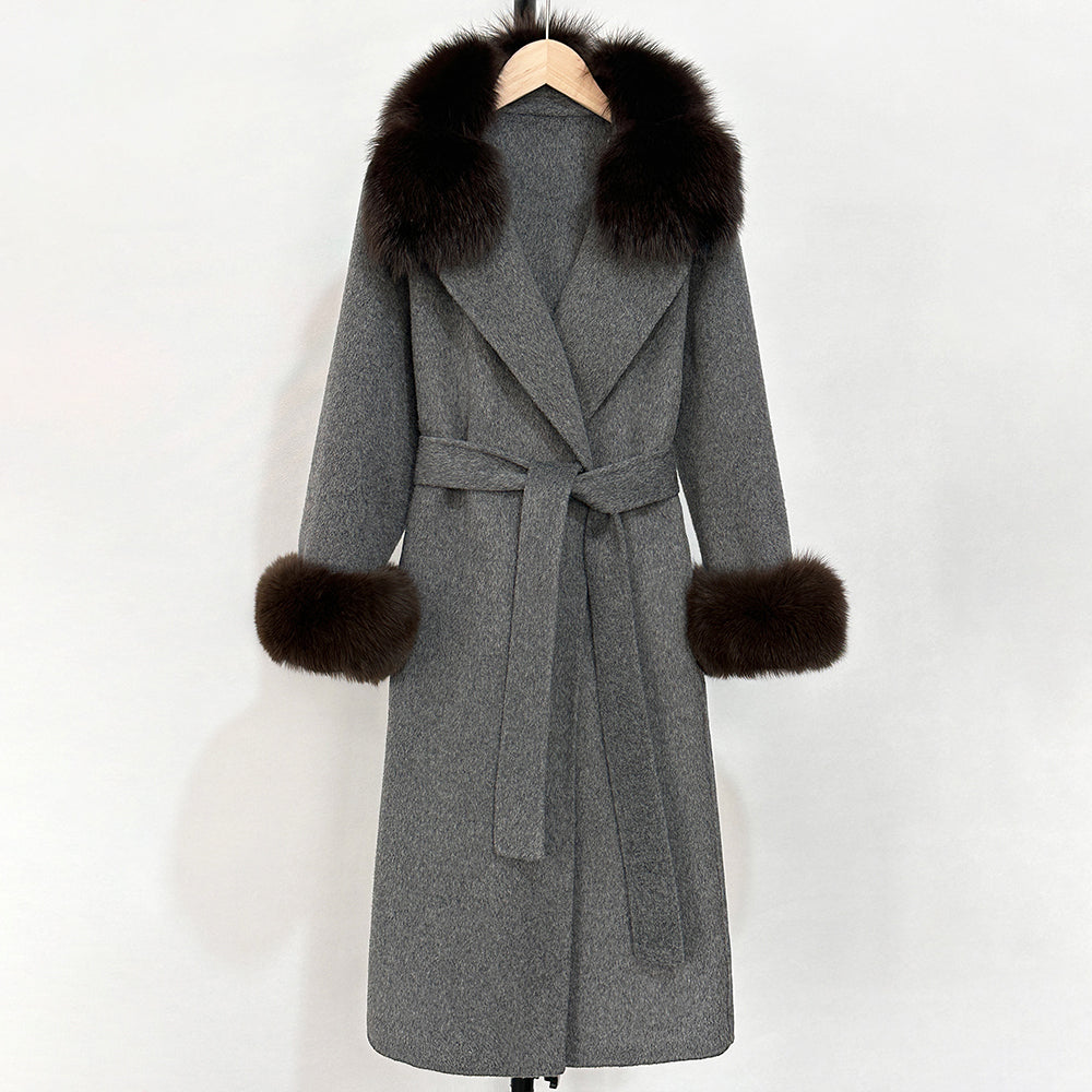 OFTBUY Belted Warm Winter Elegant Fashion Outerwear New Women's Double-Faced Wool Coat with Real Fox Fur Collar and Cuffs