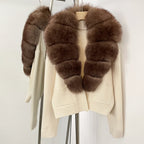 OFTBUY New Women's Knit Cardigan with Large Real Fox Fur Collar Loose Fit Warm Winter Fashion Lady Outerwear Sweater Female