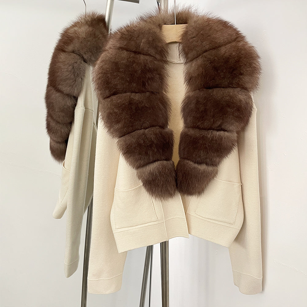 OFTBUY New Women's Knit Cardigan with Large Real Fox Fur Collar Loose Fit Warm Winter Fashion Lady Outerwear Sweater Female