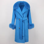 OFTBUY Winter Jacket Women Long Natural Wool Blends Cashmere Real Fur Coat Double Breasted Belt Warm Streetwear New Fashion