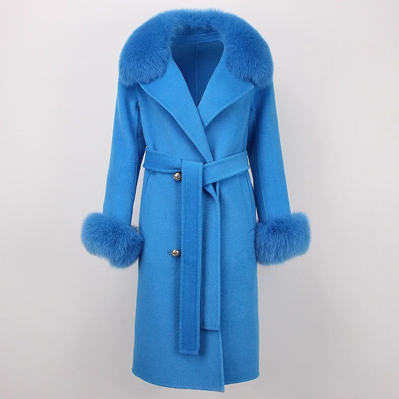OFTBUY Winter Jacket Women Long Natural Wool Blends Cashmere Real Fur Coat Double Breasted Belt Warm Streetwear New Fashion