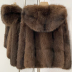 OFTBUY Luxury Hooded Faux Fur Jacket - Premium Vegan Silver Fox Style Cropped Winter Coat