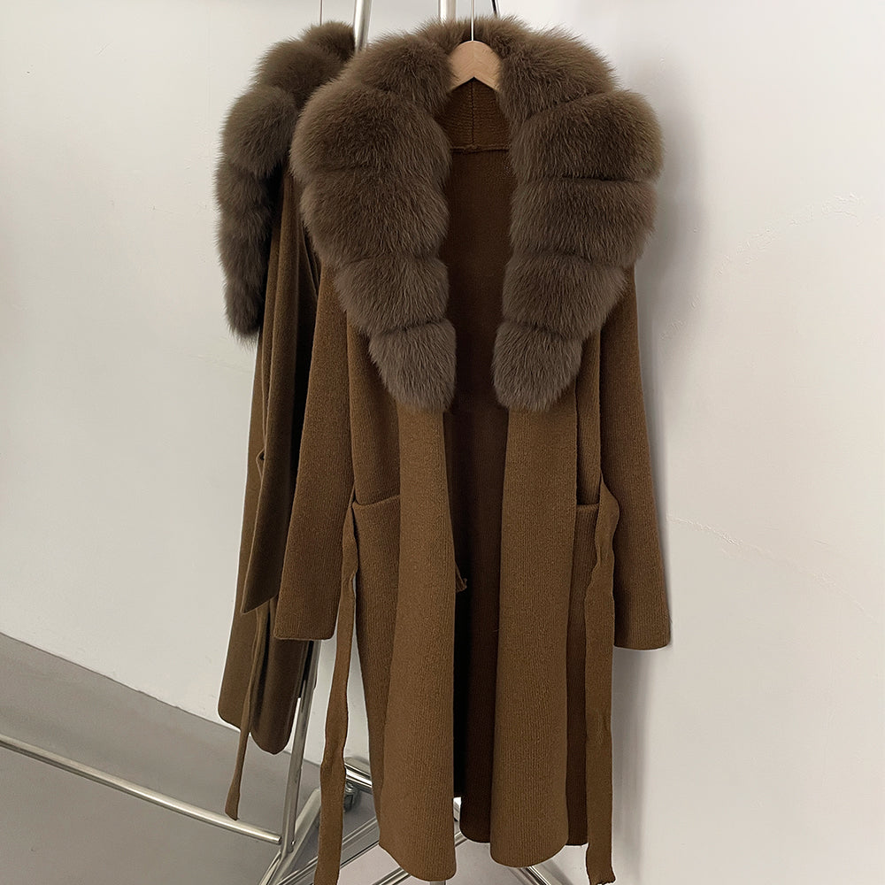 OFTBUY Women's Luxury Brown Knit Cardigan with Real Fox Fur Collar Belted Sweater Coat Female New Fashion Warm Winter Outerwear