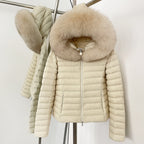 OFTBUY Hooded Slim Real Fox Fur Collar Fluffy Puffer Jacket Women New Winter Short Top Clothing Female Fur White Duck Down Coat