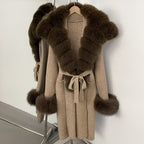 OFTBUY Fashion Warm Belt Real Fox Fur Cardigan New Natural Fur Collar Long Knit Jacket Women Atrumn Winter Top Clothing Female