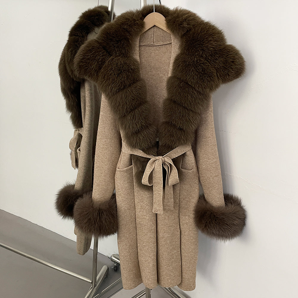 OFTBUY Fashion Warm Belt Real Fox Fur Cardigan New Natural Fur Collar Long Knit Jacket Women Atrumn Winter Top Clothing Female