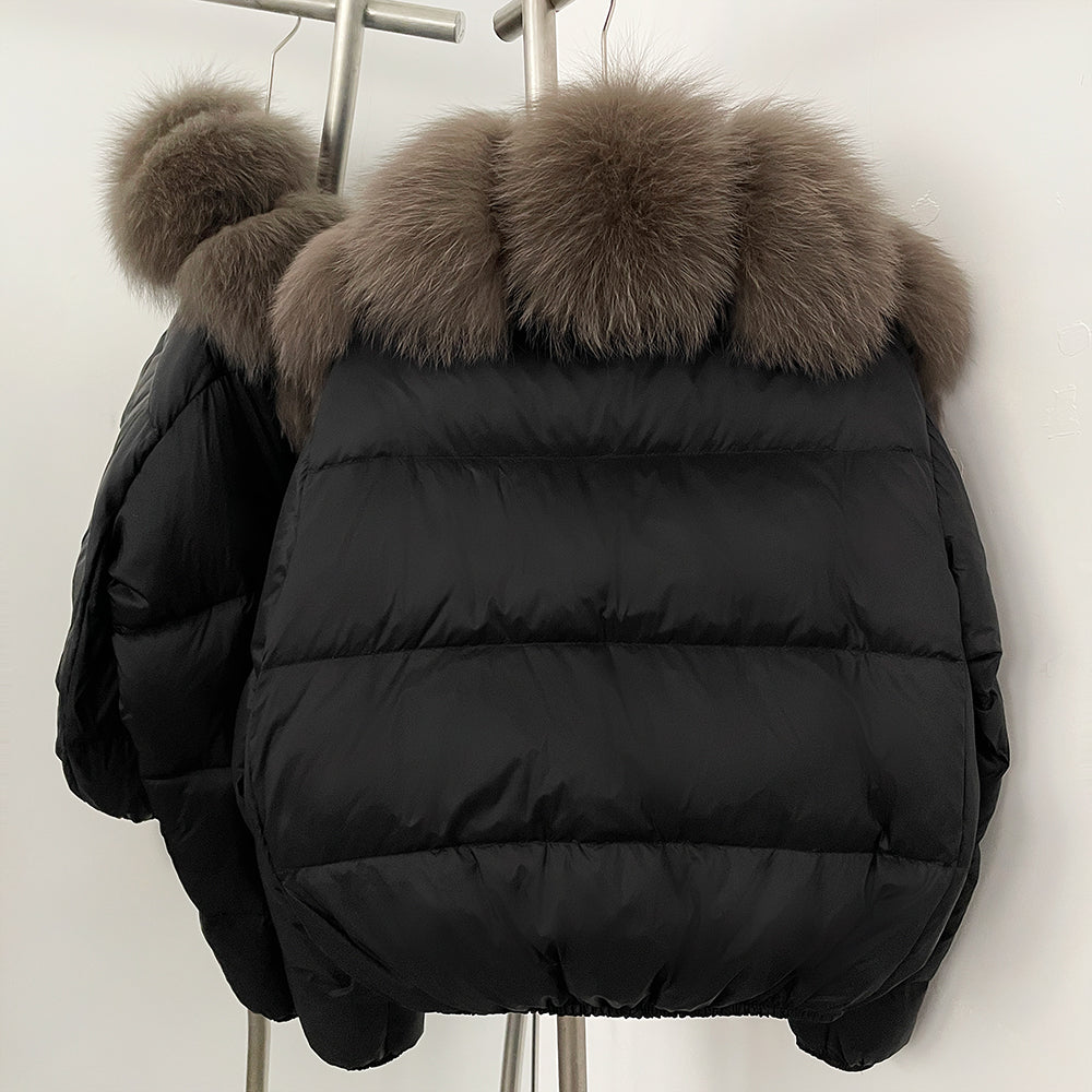 OFTBUY New Puffer Jacket Women with Large Natural Fox Fur Collar Short Fluffy Thick Parkas Female 90% White Duck Down Coat Lady