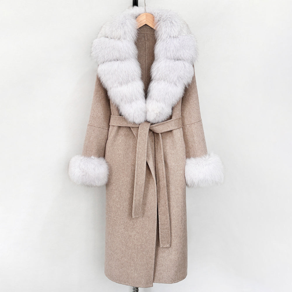 OFTBUY New Women's Double-Faced Wool Coat with Large Real Fox Fur Belted Warm Winter Luxury Fashion Outerwear Woolen Jacket Lady