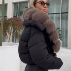 OFTBUY Luxury Cropped Puffer Jacket with Massive Real Fox Fur Collar - Premium 90% Duck Down Winter Coat