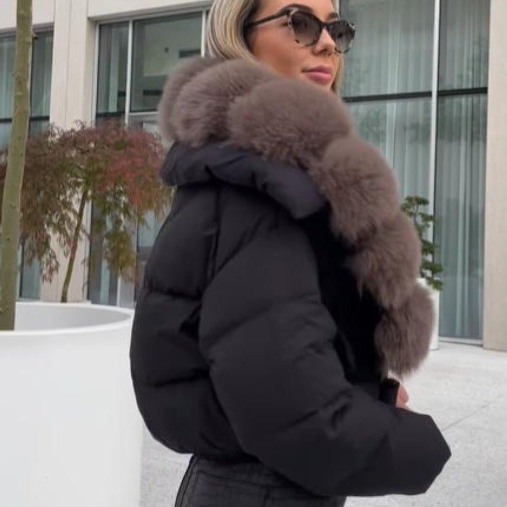 OFTBUY Luxury Cropped Puffer Jacket with Massive Real Fox Fur Collar - Premium 90% Duck Down Winter Coat
