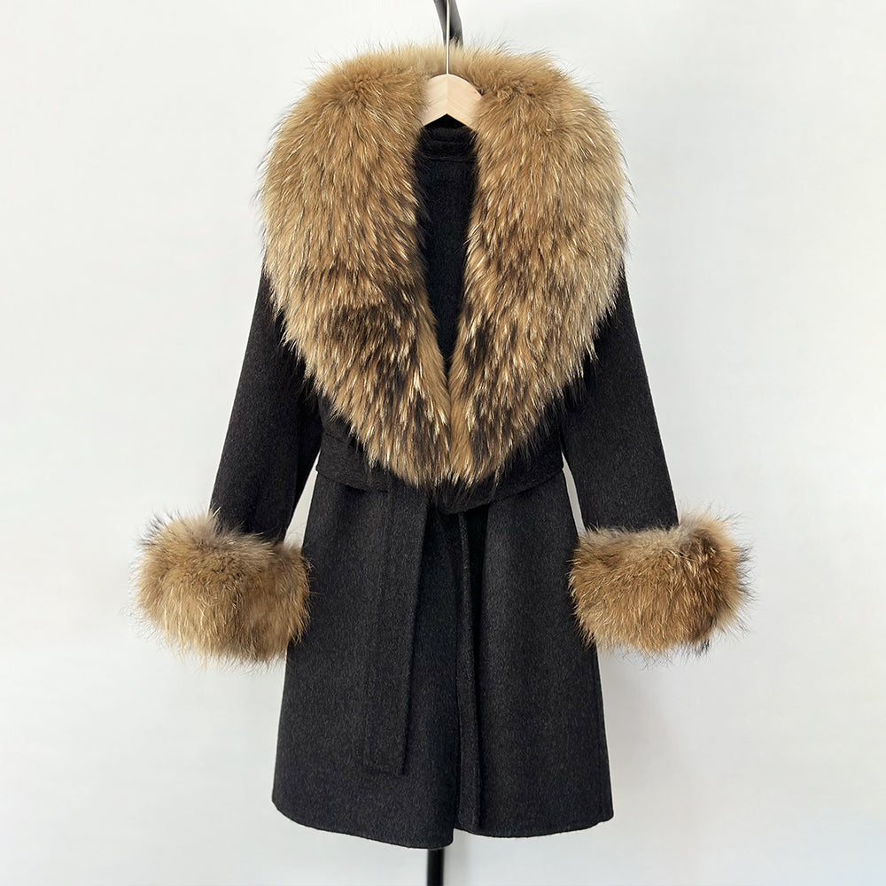 OFTBUY New Autumn Winter Top Clothes Women Belt Natural Fur Wool Coat Female Fashion Warm Woolen Jacket with Real Fox Fur Collar