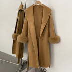OFTBUY New Women's Double-Faced Wool Coat with Real Fox Fur Cuffs Wide Lapel Belted Bow Long Warm Winter Elegant Outerwear Lady