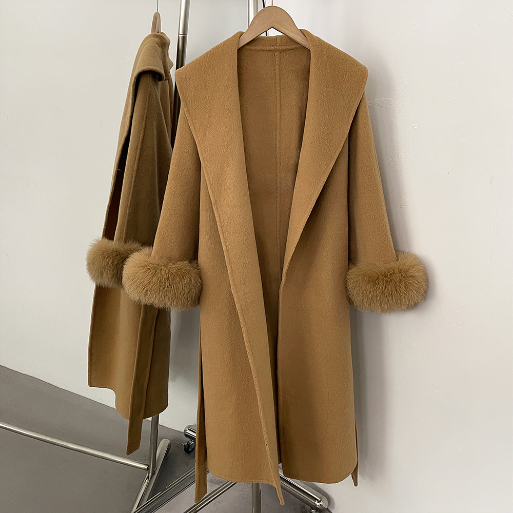 OFTBUY New Women's Double-Faced Wool Coat with Real Fox Fur Cuffs Wide Lapel Belted Bow Long Warm Winter Elegant Outerwear Lady