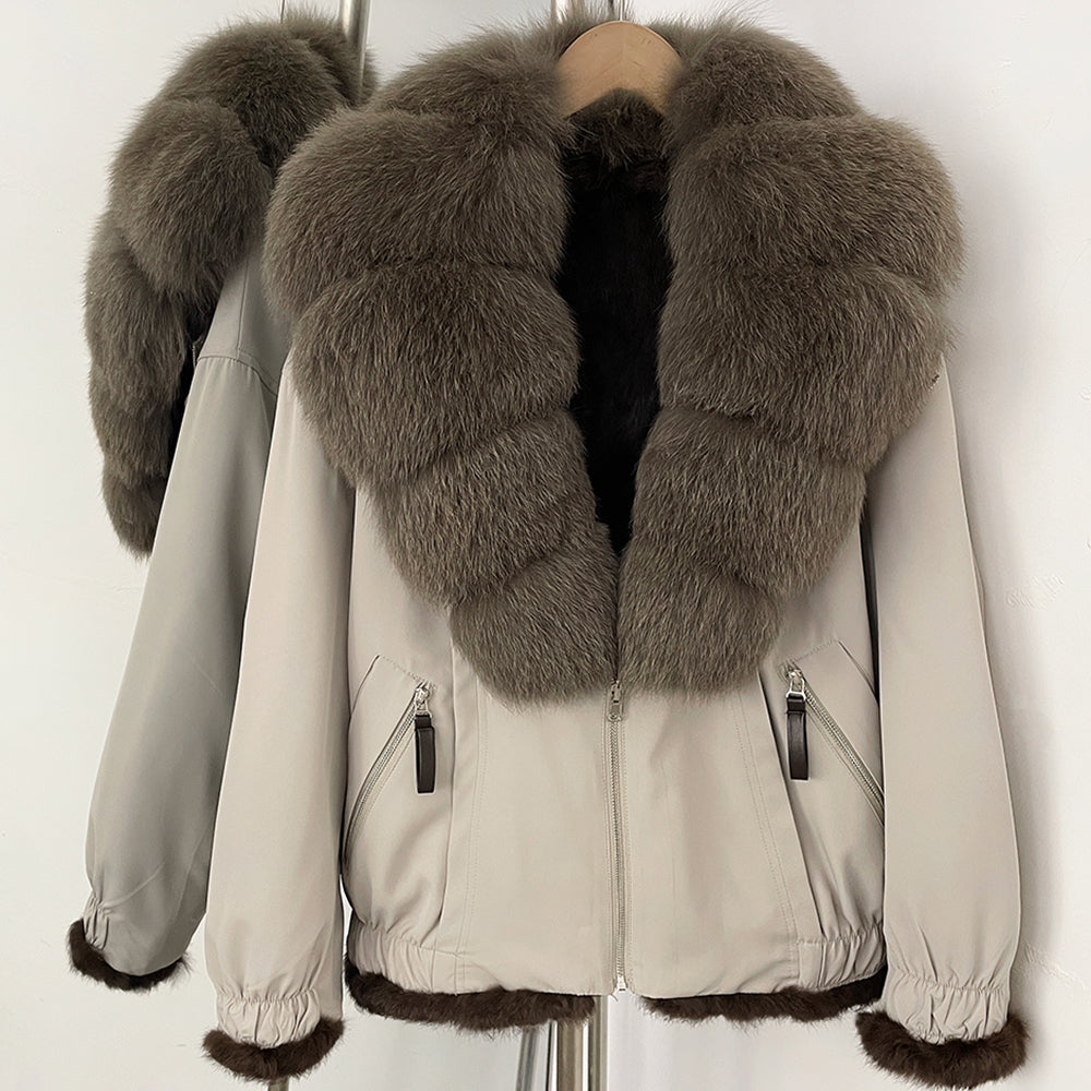 OFTBUY Luxury Real Fox Fur Collar Parka - Premium Real Rabbit Fur Lined Bomber Jacket for Extreme Cold