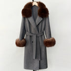 OFTBUY Fashion Warm Solid Long Wool Real Fur Jacket Female Natural Fox Fur Cuff Woolen Coat New Autumn Winter Black Clothes Lady