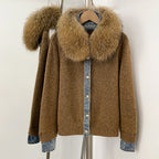 OFTBUY Denim Trim Warm Autumn Winter Fashion Outerwear Sweater Female New Women's Knit Cardigan with Large Real Fox Fur Collar