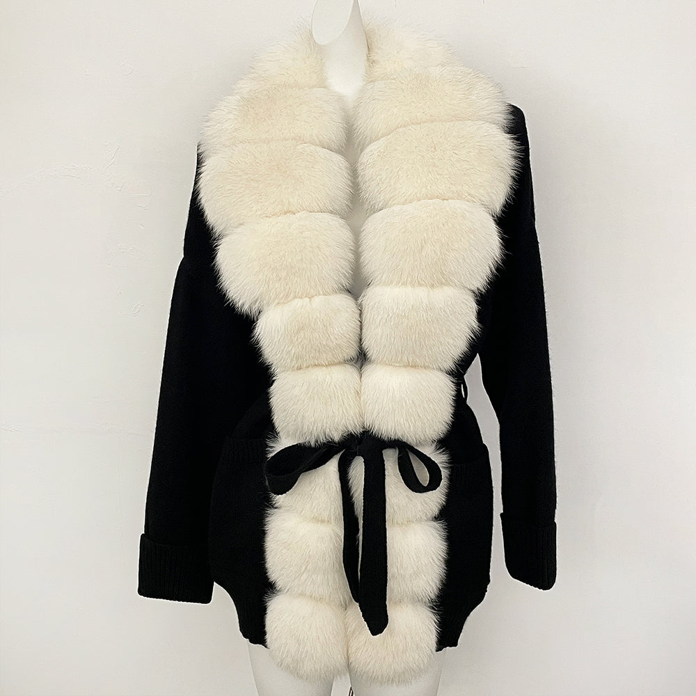 OFTBUY Trim Belted Waist Warm Winter Luxury Fashion Outerwear Sweater Female New Women's Knit Cardigan with Large Real Fox Fur