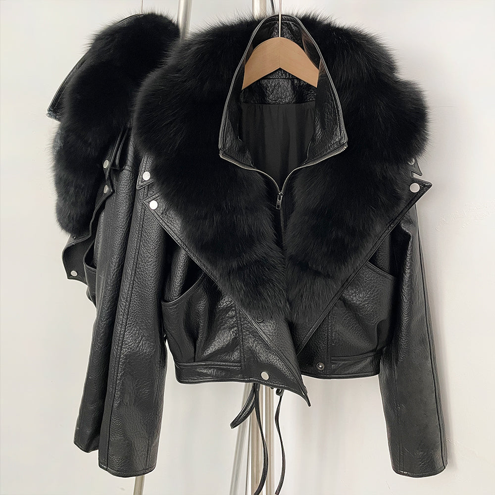 OFTBUY Women's Black Faux Leather Moto Jacket with Real Fox Fur Collar PU Leather Cropped Biker Coat Female New Winter Outerwear