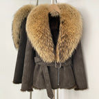 OFTBUY New Women's Suede Jacket with Real Fox Fur Collar Real Rabbit Fur Lining Coat Female Belted Warm Winter Luxury Outerwear