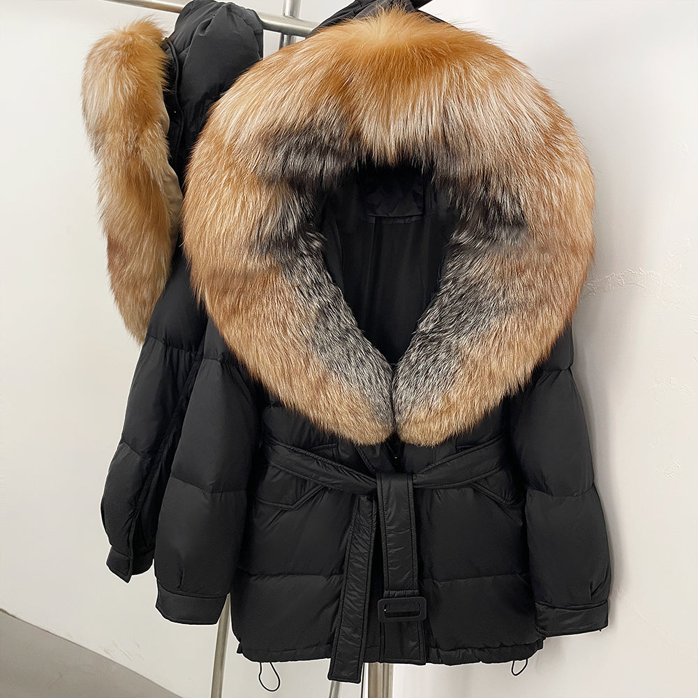 OFTBUY Thick Warm Mid-Long Puffer Coat Real Fox Fur Collar White Duck Down Coat Female Loose Warm Hooded Parkas With Belt