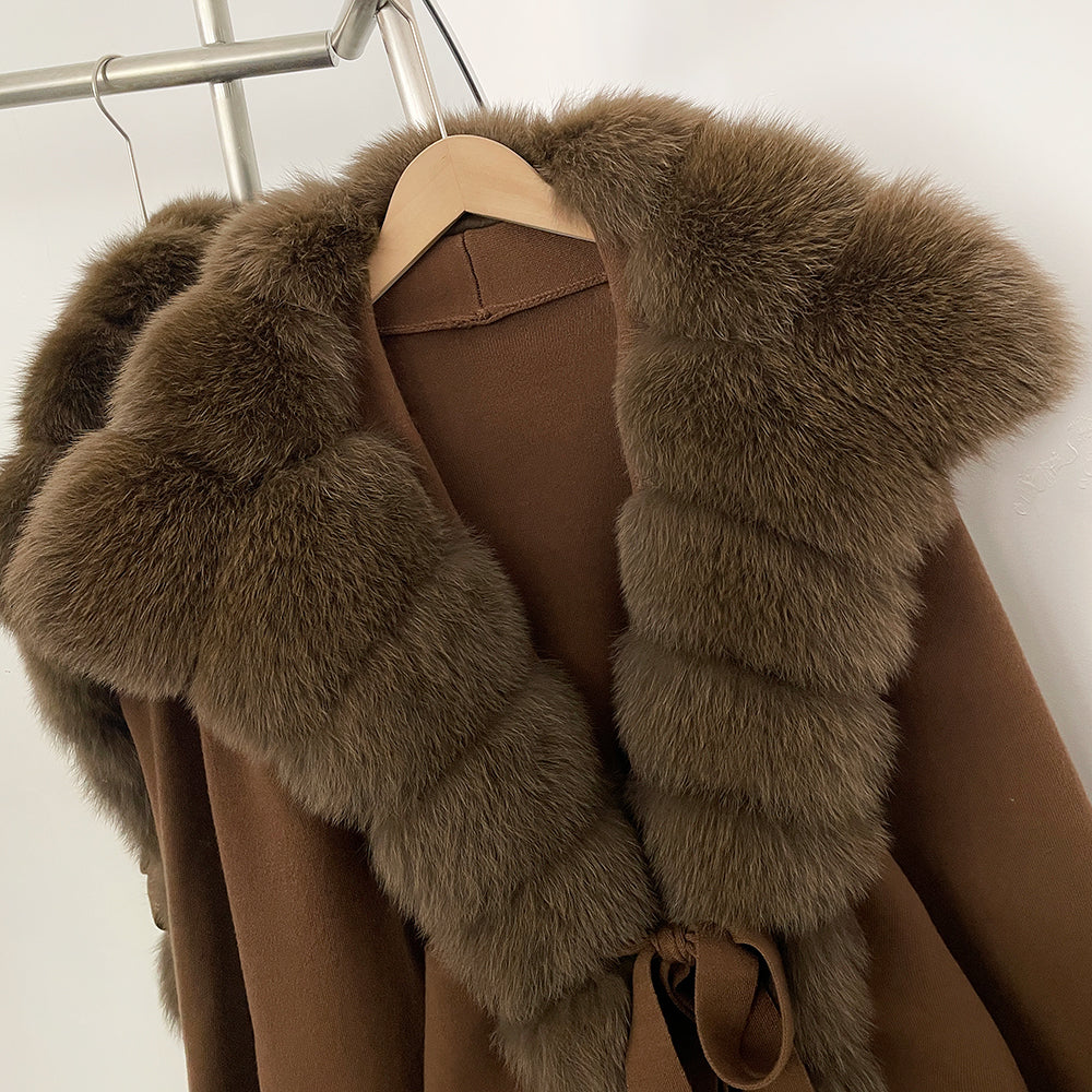 OFTBUY cardigan women Sweater Female New Women's Knit Coat with Real Fox Fur collar Belt Luxury Warm Winter Fashion Outerwear