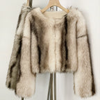 Elegant cream-colored short vegan fur coat with round neck design