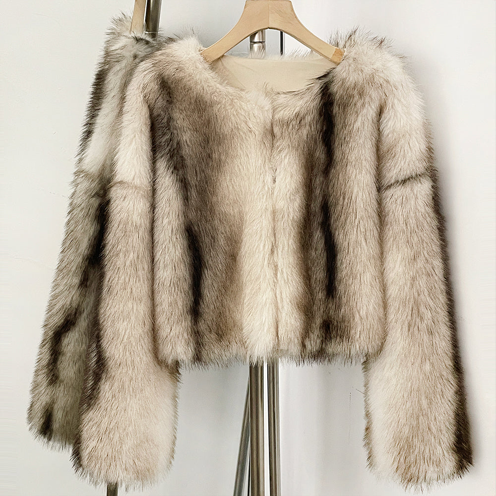 Elegant cream-colored short vegan fur coat with round neck design