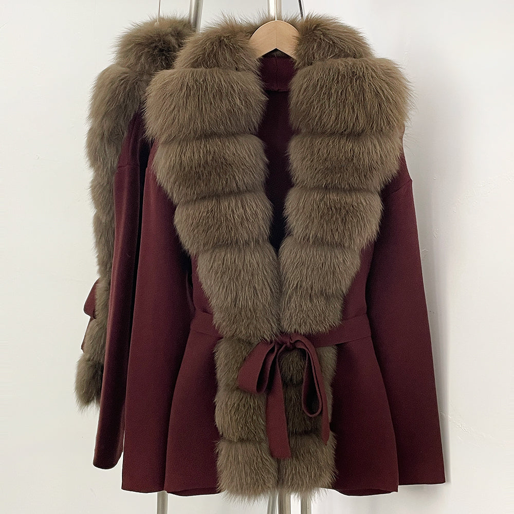 OFTBUY Luxury Warm Winter Fashion Outerwear New Women's Knit Cardigan with Oversized Real Fox Fur Trim Self-Tie Belt Sweater