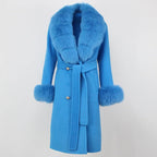 OFTBUY Winter Jacket Women Long Natural Wool Blends Cashmere Real Fur Coat Double Breasted Belt Warm Streetwear New Fashion