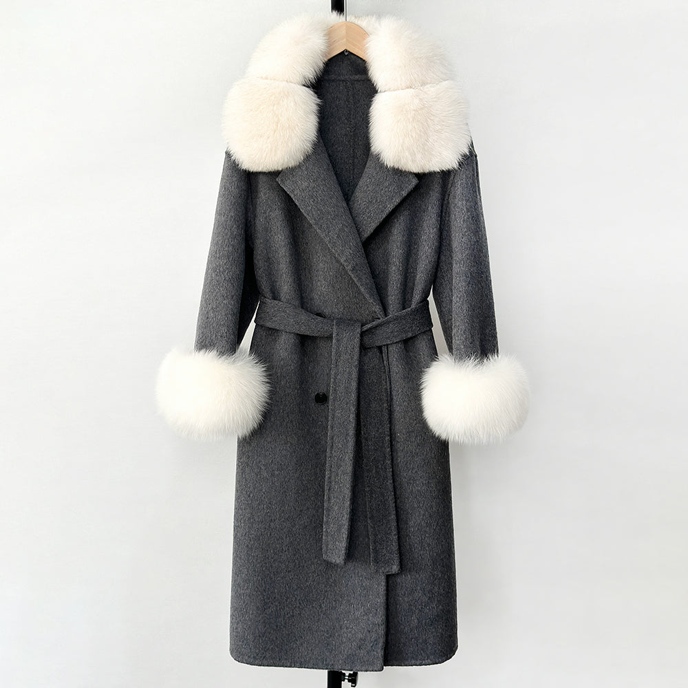 OFTBUY Fashion Warm Solid Long Wool Real Fur Jacket Female Natural Fox Fur Cuff Woolen Coat New Autumn Winter Black Clothes Lady