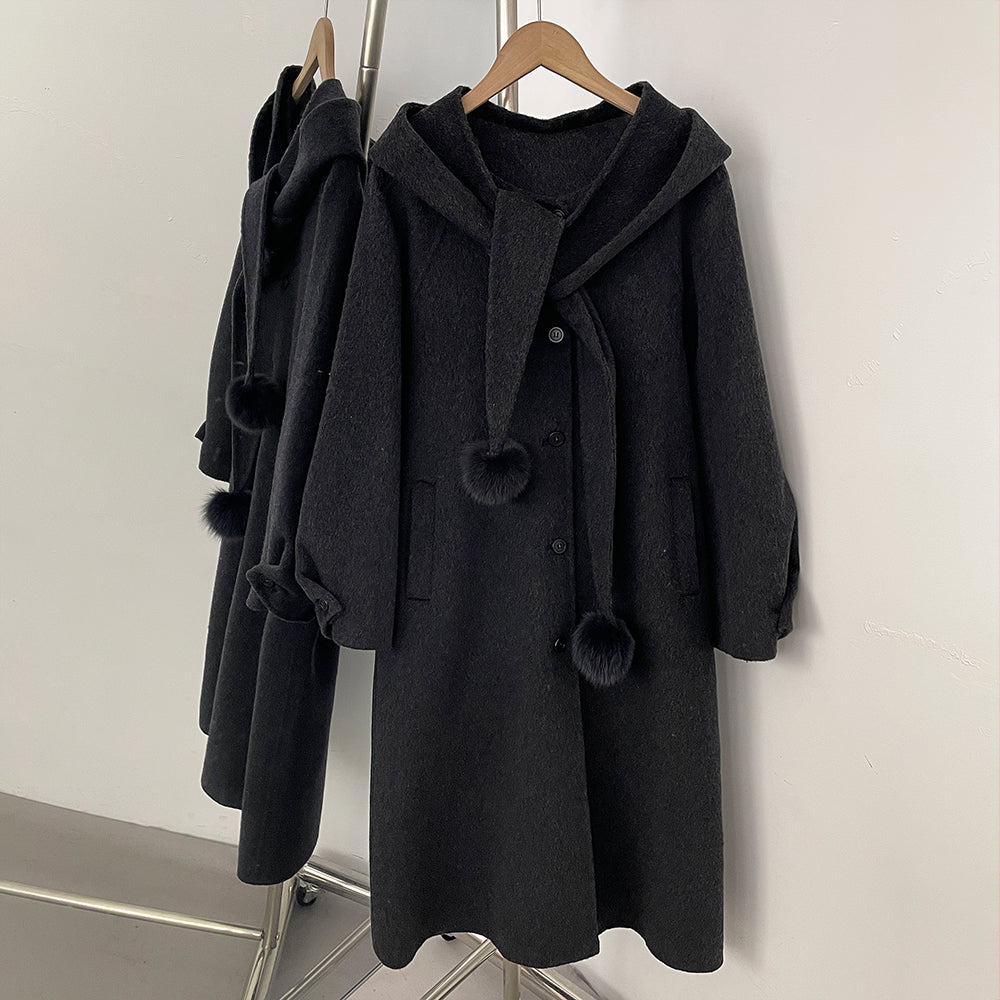 OFTBUY New Women's Hooded Wool Coat with Fur Pom Details Long Single Breasted Winter Warm Elegant Woolen Outerwear Female