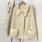 OFTBUY  New Women's Wool Cape Coat with Large Bow Detail Real Fox Fur Pockets Button Closure Winter Elegant Fashion Outerwear