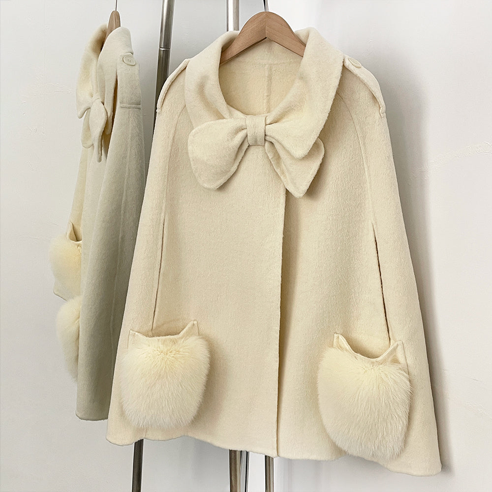 OFTBUY  New Women's Wool Cape Coat with Large Bow Detail Real Fox Fur Pockets Button Closure Winter Elegant Fashion Outerwear