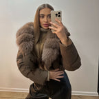 OFTBUY Luxury Cropped Puffer Jacket with Massive Real Fox Fur Collar - Premium 90% Duck Down Winter Coat