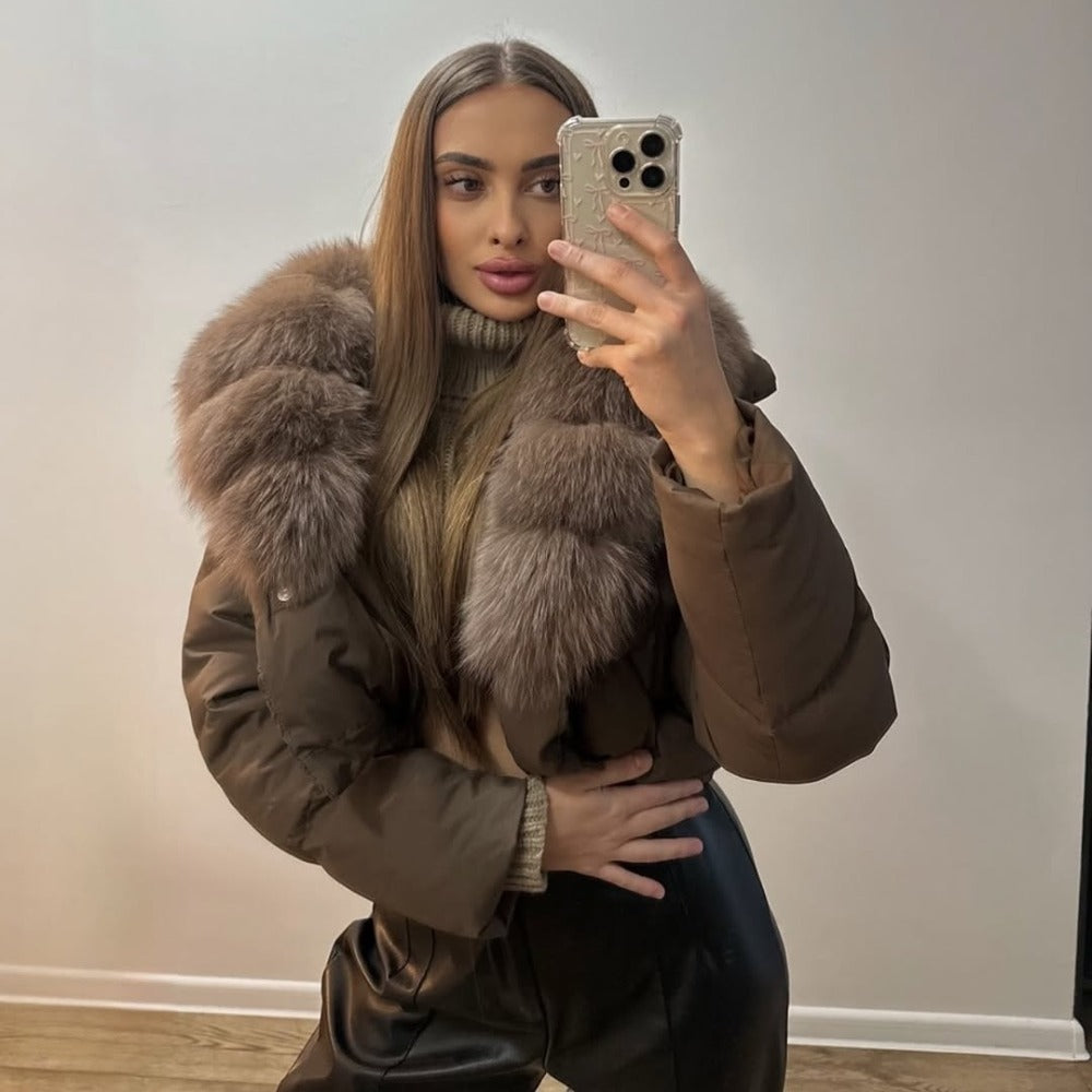OFTBUY Luxury Cropped Puffer Jacket with Massive Real Fox Fur Collar - Premium 90% Duck Down Winter Coat